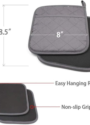 2 PCS Gray Pot Holders Sets for Kitchen Heat Resistant Oven Hot Pads with Pockets Non Slip Soft Grip Potholders for Baking Cooking 8"x8.5"
