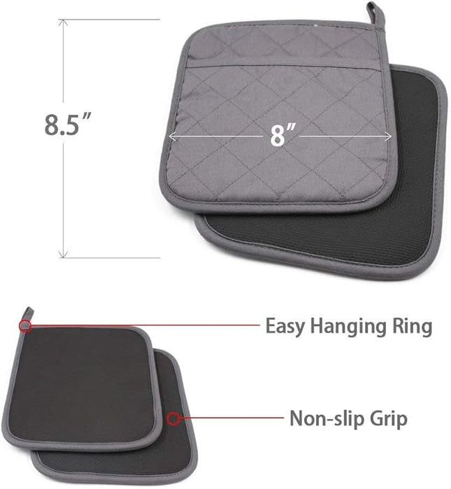 2 PCS Gray Pot Holders Sets for Kitchen Heat Resistant Oven Hot Pads with Pockets Non Slip Soft Grip Potholders for Baking Cooking 8"x8.5"