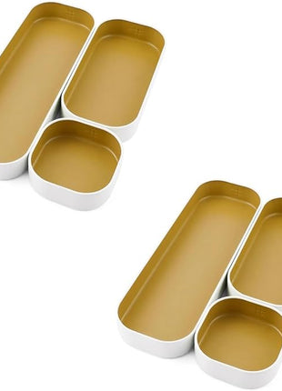 Three by Three Seattle 6 Piece Shallow Metal Organizer Tray Set for Storing Makeup, Stationery, Utensils, and More in Office Desk, Kitchen and Bathroom Drawers (1 Inch, Gold and White)