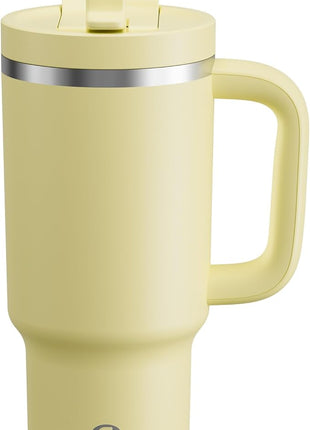 ENCOOL 32 oz Tumbler with Handle and Straw: Stainless Steel Insulated Tumbler Keeps Cold for 24 Hours, Leakproof Travel Cup Fits in Cup Holder and BPA-Free,Light Vanilla