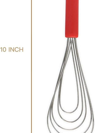 Flat Whisk Silicone Handle Non Slip 10" - 5 Wires Whisk with 10 Heads for Kitchen Cooking Color Red by Jell-Cell