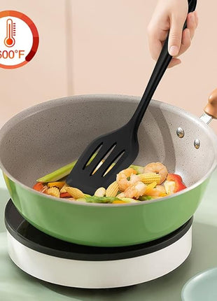 Silicone Spatula Turner Set, 2PCS Heat-Resistant Non-Stick Fish Slotted Spatula Kitchen Utensil Set for Cooking, Baking and Mixing, BPA Free & Dishwasher Safe (Black)