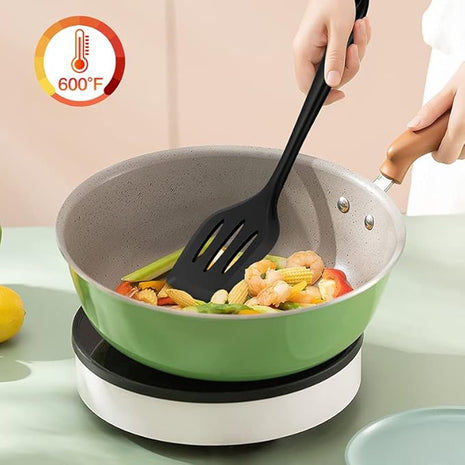 Silicone Spatula Turner Set, 2PCS Heat-Resistant Non-Stick Fish Slotted Spatula Kitchen Utensil Set for Cooking, Baking and Mixing, BPA Free & Dishwasher Safe (Black)