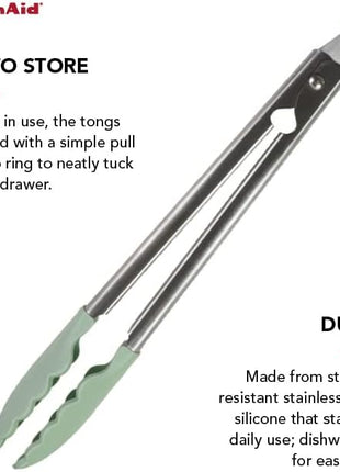 KitchenAid Gourmet Silicone-Tipped Stainless Steel Tongs, 12 Inch, Pistachio