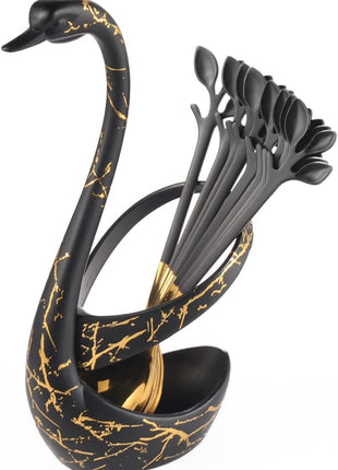 AnSaw Small Coffee Spoon Holder Set,Black Swan Base With 10 Pcs Black & Gold Demitasse Espresso Spoons Set,4.7" Mini Leaf Dessert Spoon,Stainless Steel Tea Spoons