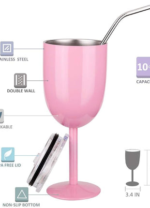 AMZUShome Stainless Steel Wine Glasses(2 Pack).Double Walled Vacuum Insulated Wine Tumbler Cups With Lid and Straw.Friendship,Christmas,Birthday Gifts for Women Men Friends Dad Mom(10oz Light Pink)
