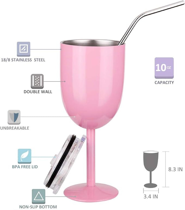 AMZUShome Stainless Steel Wine Glasses(2 Pack).Double Walled Vacuum Insulated Wine Tumbler Cups With Lid and Straw.Friendship,Christmas,Birthday Gifts for Women Men Friends Dad Mom(10oz Light Pink)