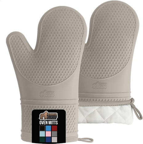GORILLA GRIP BPA-Free Soft Silicone Oven Mitts, Heat Resistant and Waterproof Cooking Gloves, Thick Cotton Lining, Flexible Gripping for Baking Grilling, Kitchen Potholders Set of 2, 12.5x8.3, Almond
