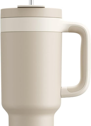 POWCAN 40 oz Tumbler with Handle, 2-in-1 Straw and Sip Lid, Leakproof, Dishwasher Safe, Insulated Stainless Steel Travel Coffee Mug, Keeps Cold for 34 Hours, Fits in Car Cup Holder (Oat)