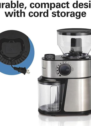 Hamilton Beach Electric Burr Coffee Grinder with Large 16oz Hopper & 18 Settings For 2-14 Cups, Stainless Steel (80385)