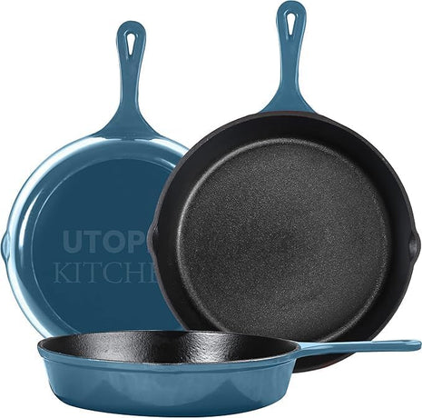 Utopia Kitchen Saute Fry Pan - Pre-Seasoned Cast Iron Skillet Set 3-Piece - Frying Pan - 6 Inch, 8 Inch and 10 Inch Cast Iron Set - Cooking Gift for Men & Women (Teal)
