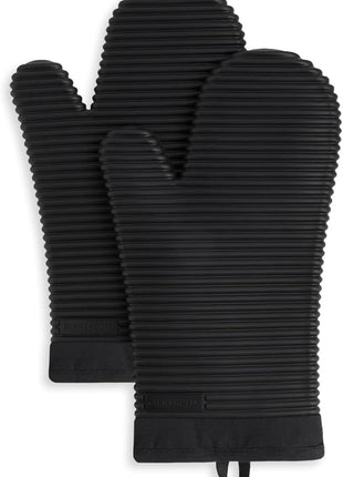 KITCHENAID Ribbed Soft Silicone Oven Mitt 2-Pack Set, Matte Black, 7.5"x13"