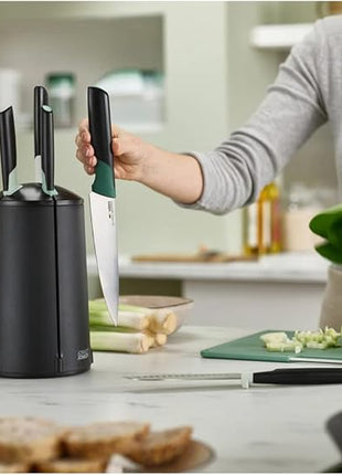 Joseph Joseph Elevate Knives 5-piece Carousel Set, Japanese Stainless Steel Knife Block - Editions - Sage Green and Black