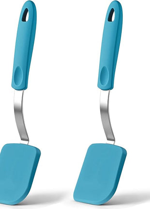 Silicone Cookie Spatula Turner 2 Pack Mini Brownie Spatula Flexible Kitchen Small Silicone Turner for Nonstick Cookware Heat Resistant No Scratch Flipper for Egg Pancake(Light Blue)