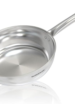 Sunhouse 8 Inch Tri-Ply Stainless Steel Frying Pan, Whole-Clad No Coatings Skillet with Stay-cool Handle for Cooking, Durable & Oven Safe to 500°F, Dishwasher Safe, Compatible with All Cooktops