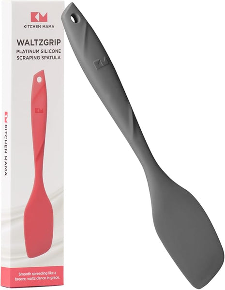 Kitchen Mama WaltzGrip Platinum Silicone Scraping Spatula: Heat Resistant, Seamless, Non Stick for Frying Pan Cookware, Safe, Flexible Bowl Scraper - Ideal for Mixing, Baking, Stirring (Metal Gray)