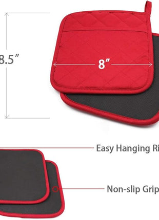 Cotton and Neoprene Oven Pads Pot Holders with Pocket 8"x8.5" Dual-Function Hot Pad Set for Finger Hand Wrist Protection Heat Resistant to 428°F Red