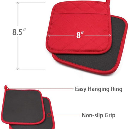 Cotton and Neoprene Oven Pads Pot Holders with Pocket 8"x8.5" Dual-Function Hot Pad Set for Finger Hand Wrist Protection Heat Resistant to 428°F Red