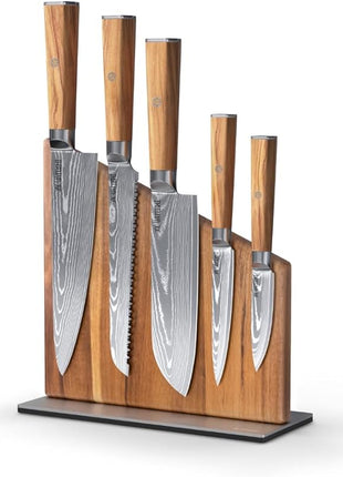 Yatoshi Knives Magnetic Kitchen Knife Block Set - Japanese 67 Layer High-Grade VG-10 Steel Knives, Sharp, Professional Kitchen Knife Set - Damascus (6 pieces), Olive Wood Handles