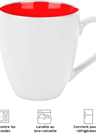 MIAMIO - Set of 6 Stoneware Coffee Mugs 12 Ounce/Cup Set - Le Papillon Collection (White-Red)
