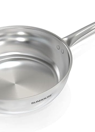 Sunhouse 10 Inch Tri-Ply Stainless Steel Frying Pan, Whole-Clad No Coatings Skillet with Stay-cool Handle for Cooking, Durable & Oven Safe to 500°F, Dishwasher Safe, Compatible with All Cooktops