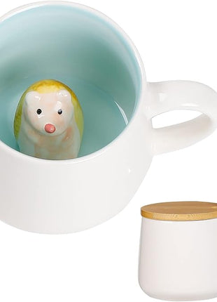 BigNoseDeer Hedgehog Mug Cute Mugs with 3D Hedgehog Inside Ceramic Coffee Mug with Spoon and Lid Mugs for milk,coffee and tea lovers Birthday Cute Gifts for Women 13.5oz