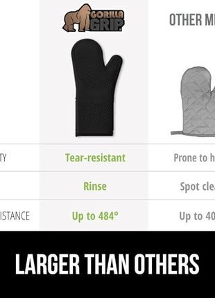 GORILLA GRIP BPA-Free Soft Silicone Oven Mitts, 14.5x8.3, Heat Resistant and Waterproof Cooking Gloves, Thick Cotton Lining, Flexible Gripping for Baking Grilling, Kitchen Potholders Set of 2, Black