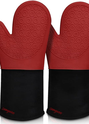 sungwoo Extra Long Silicone Oven Mitts, Heat Resistant Oven Gloves with Quilted Liner Non-Slip Textured Grip Perfect for BBQ, Baking, Cooking and Grilling - 1 Pair 14.6 Inch Red & Black