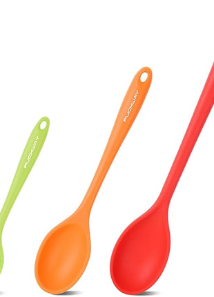 3 Pcs Silicone Spoons Set of 7.9 10.6 14.2 inch for Cooking, Heat Resistant Kitchen Spoons for Mixing, Stirring, and Serving, Small to Large Non Stick (Red & Orange & Green)