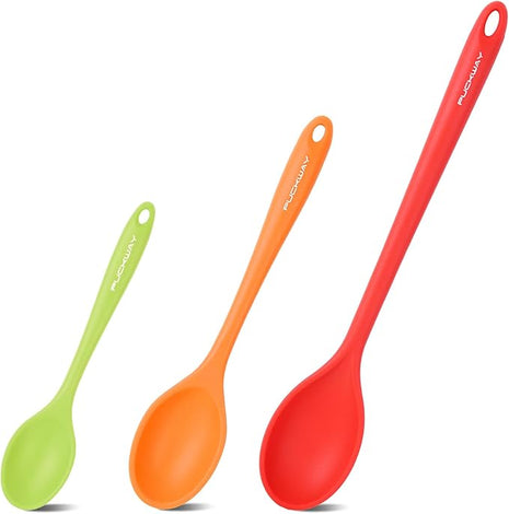 3 Pcs Silicone Spoons Set of 7.9 10.6 14.2 inch for Cooking, Heat Resistant Kitchen Spoons for Mixing, Stirring, and Serving, Small to Large Non Stick (Red & Orange & Green)