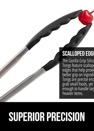 GORILLA GRIP Stainless Steel Heat Resistant Kitchen Tongs for Cooking, 7 + 9 + 12 Inch Set of 3 BBQ Tong, Non Scratch Silicone Tip for Pans, Strong Grip, Grab Food, Salad, Pull Lock, Black Gray Blue