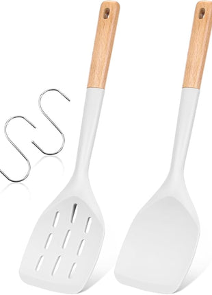 Pack of 2 Silicone Spatula, Non Stick Cooking Utensil Set Wooden Handle Kitchen Turner for Baking Mixing Grilling Serving Food Heat Resistant Non Scratch Hooks Included (White)