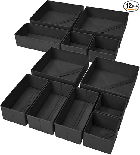 DIMJ Clothes Drawer Organizer, 12 Packs, Foldable Underwear Organizer for Baby Clothes, Tie, Bra, Sock (Black)