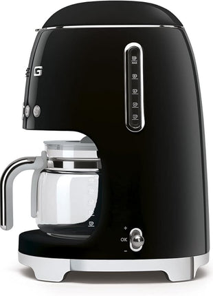 Smeg 50's Retro Style Aesthetic Drip Coffee Machine with 10 Cup Glass Carafe, Auto Start Feature, Keep Warm Plate, and Two Coffee Strength Settings (Black)