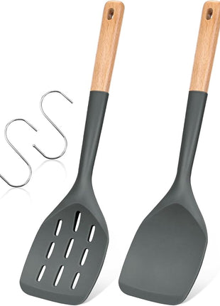Pack of 2 Silicone Spatula, Non Stick Cooking Utensil Set Wooden Handle Kitchen Turner for Baking Mixing Grilling Serving Food Heat Resistant Non Scratch Hooks Included (Grey)