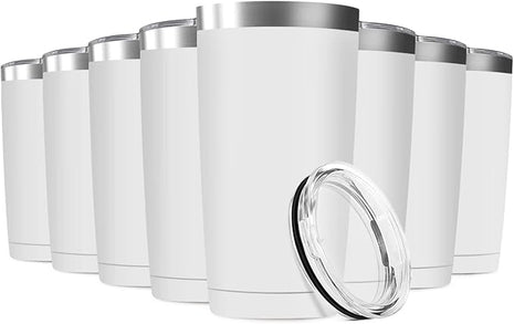 8 Pack 20oz Tumbler Vacuum Insulated Travel Mug with Lids, Stainless Steel Double Wall Bulk Cup for Home, Office, Outdoor Suitable for Vehicle Cup Holders(White)