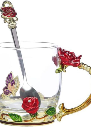 Handicraft Crystal Glass 3D Flower Cups Tea Mug With Tea Spoon Women Coffee, Tea, Juice, Beer, Milk Hot And Cold Drinks Use Gift Package. (Rose Red Coffee Cup, 11 OZ)