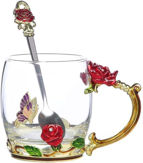 Handicraft Crystal Glass 3D Flower Cups Tea Mug With Tea Spoon Women Coffee, Tea, Juice, Beer, Milk Hot And Cold Drinks Use Gift Package. (Rose Red Coffee Cup, 11 OZ)