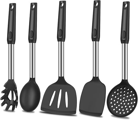 5Pcs Silicone Spatula Heat Resistant Long Large Spatulas Set for Nonstick Cookware, Rubber Pancake Fish Turner Spatula for Kitchen Use Silicone Cooking Kitchen Utensils Set Black