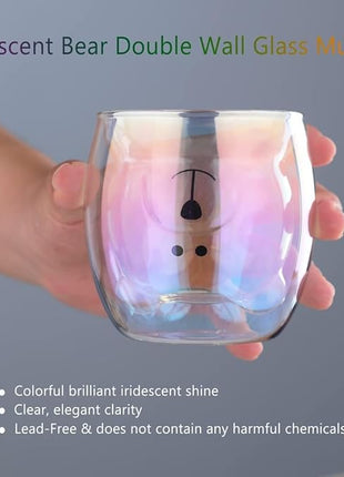 Cute Mugs Double Wall Glass Coffee Glass Cup Kawaii Bear Tea Milk Cup Funny Mug Animal Mug Aesthetic Cup for Office and Personal Birthday Gift (Iridescent Bear)