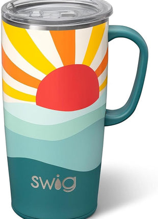 Swig Life 22oz Travel Mug, Insulated Tumbler with Handle and Lid, Cup Holder Friendly, Dishwasher Safe, Stainless Steel, Travel Coffee Cup, Insulated Mug with Lid (Sun Dance)