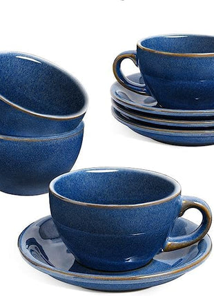 LE TAUCI 6 oz Cappuccino Cups with Saucers, Ceramic Coffee Cup for Au Lait, Double shot, Latte, Cafe Mocha, Tea - Set of 4, Ceylon Blue