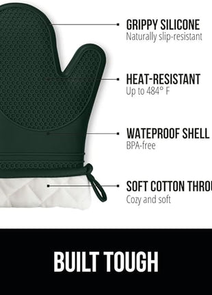 GORILLA GRIP BPA-Free Soft Silicone Oven Mitts, 14.5x8.3, Heat Resistant and Waterproof Cooking Gloves, Thick Cotton Lining, Flexible Gripping for Baking Grilling, Kitchen Potholders Set, Hunter Green