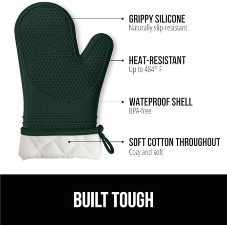 GORILLA GRIP BPA-Free Soft Silicone Oven Mitts, Heat Resistant and Waterproof Cooking Gloves, Thick Cotton Lining, Flexible Gripping for Baking Grilling, Kitchen Potholders Set, 12.5x8.3, Hunter Green