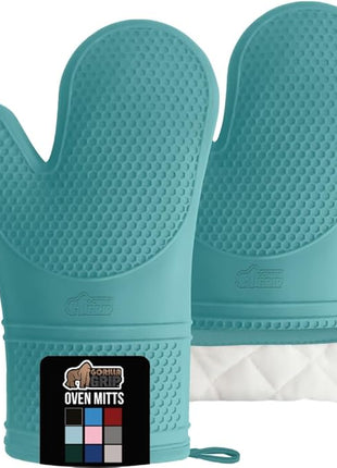 GORILLA GRIP BPA-Free Soft Silicone Oven Mitts, Heat Resistant and Waterproof Cooking Gloves, Thick Cotton Lining, Flexible Gripping for Baking Grilling, Kitchen Potholders Set, 12.5x8.3, Turquoise