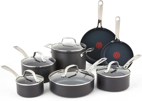 T-fal Platinum Hard Anodized Nonstick Cookware Set 12 Piece Oven Broiler Safe 500F, Lid Safe 350F Pots and Pans, Dishwasher Safe Black