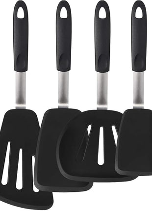 Set of 4 Silicone Spatula Utensils by Boxiki Kitchen. Professional Silicone and Stainless Steel Kitchen Spatula for Cooking, Pancakes, Eggs and Fish.