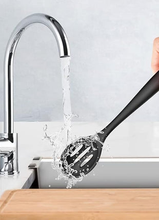 2PCS Silicone Nonstick Spoons, Heat Resistant, BPA Free, Ergonomic, Long Handle, Wide Bowl, Black