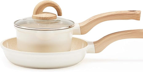 Non Stick Pots and Pans Set Ceramic Cookware Set with Granite Dot, 3pcs Kitchen Cooking Sets Frying Pan Saucepan, No PTFE, No PFAS, Bright Cream