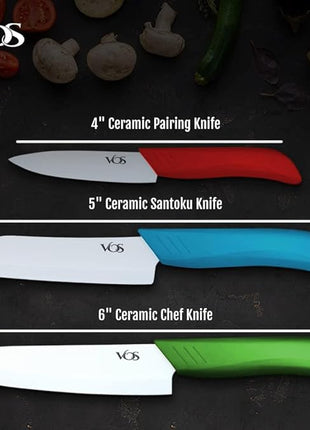 Vos Ceramic Knife Set in Elegant Gift Box, Ceramic Knives Set For Kitchen, Ultra Sharp Kitchen Knife Set with Covers, 4" 5" 6" Paring, Santoku & Chef Knife, Lightweight, Dishwasher safe (Multi-Color)